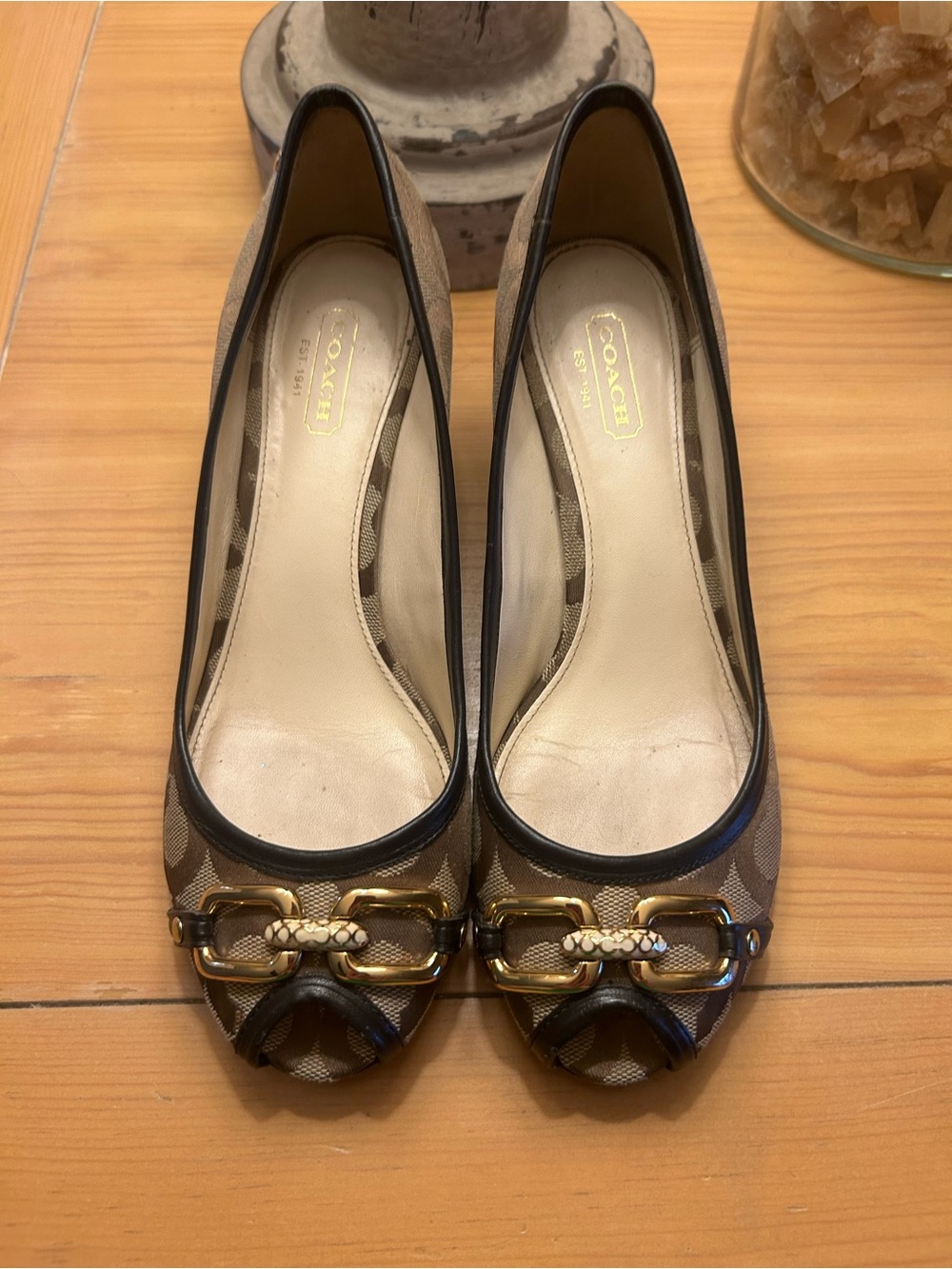 Coach Signature Canvas Flats with Gold Hardware and Dark Trim